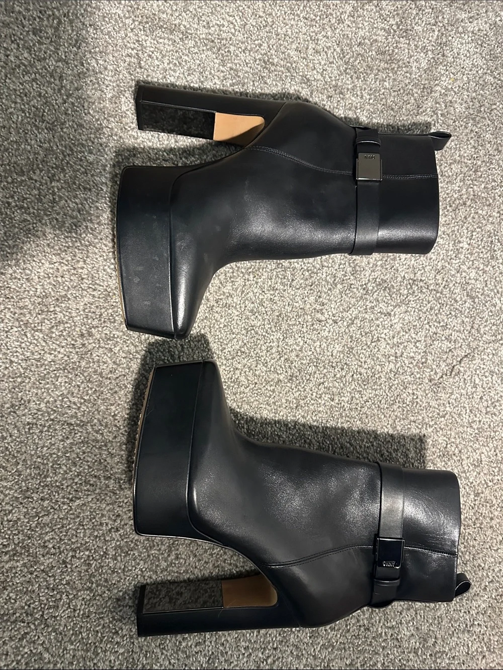 DKNY Black Platform Ankle Boots High Platform Heel and Buckle Strap - NEW
